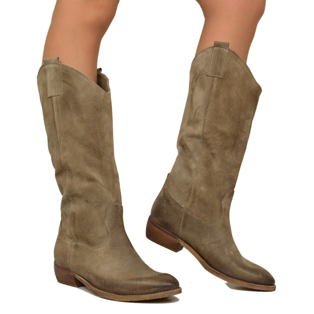 Taupe Suede Women's Cowboy Boots with Low Heel - 4