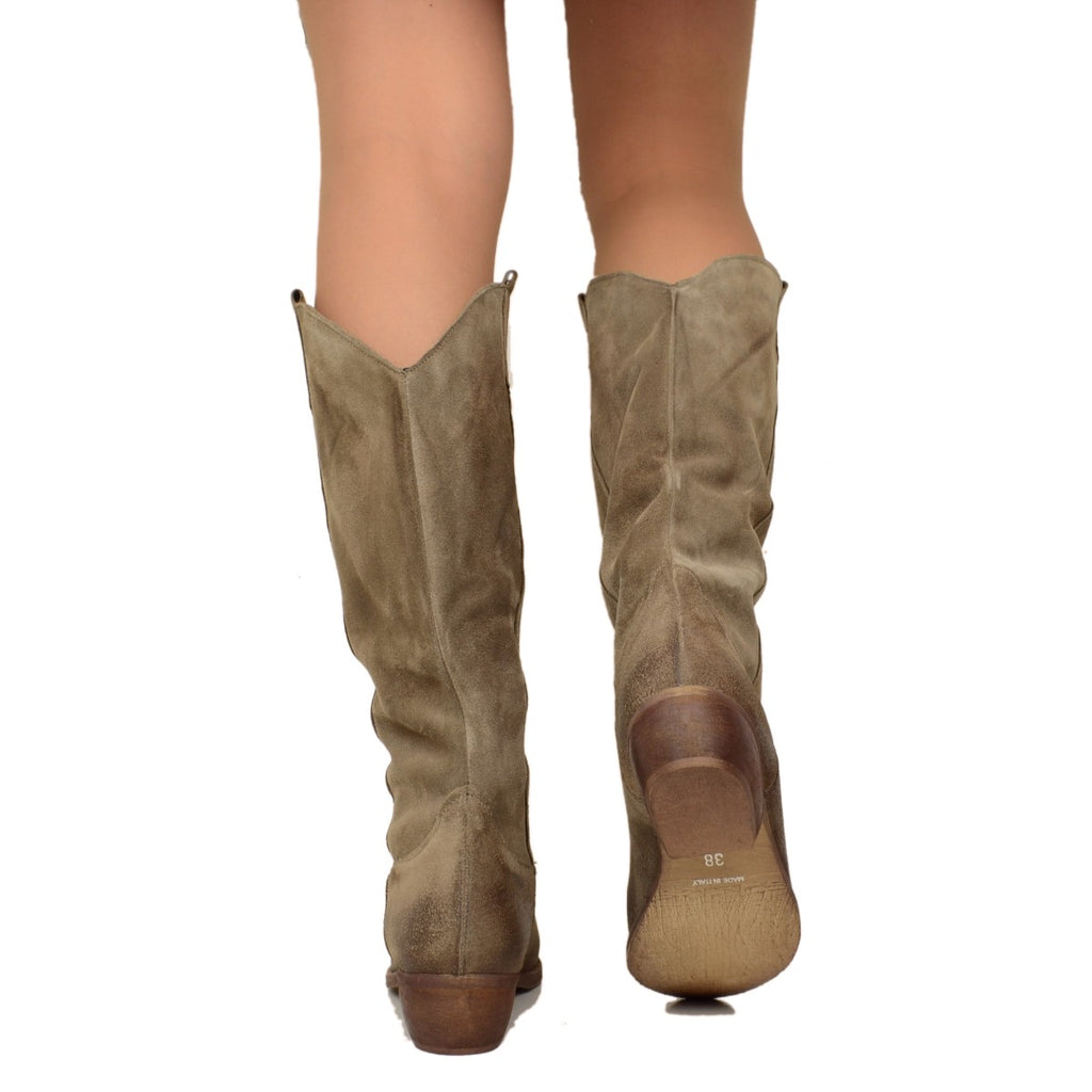 Taupe Suede Women's Cowboy Boots with Low Heel - 5