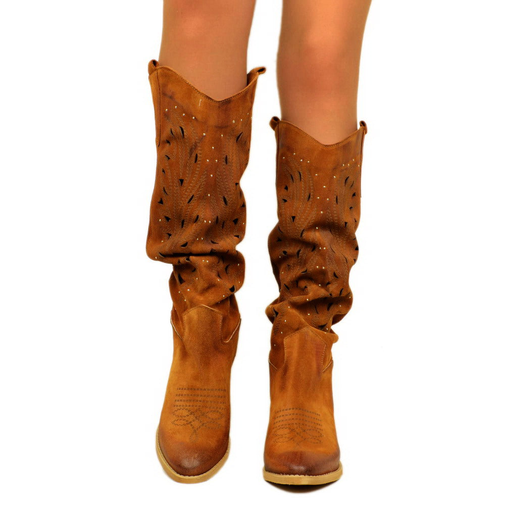 Women's Texan Boots Lasered in Leather Suede with Medium Heel - 3