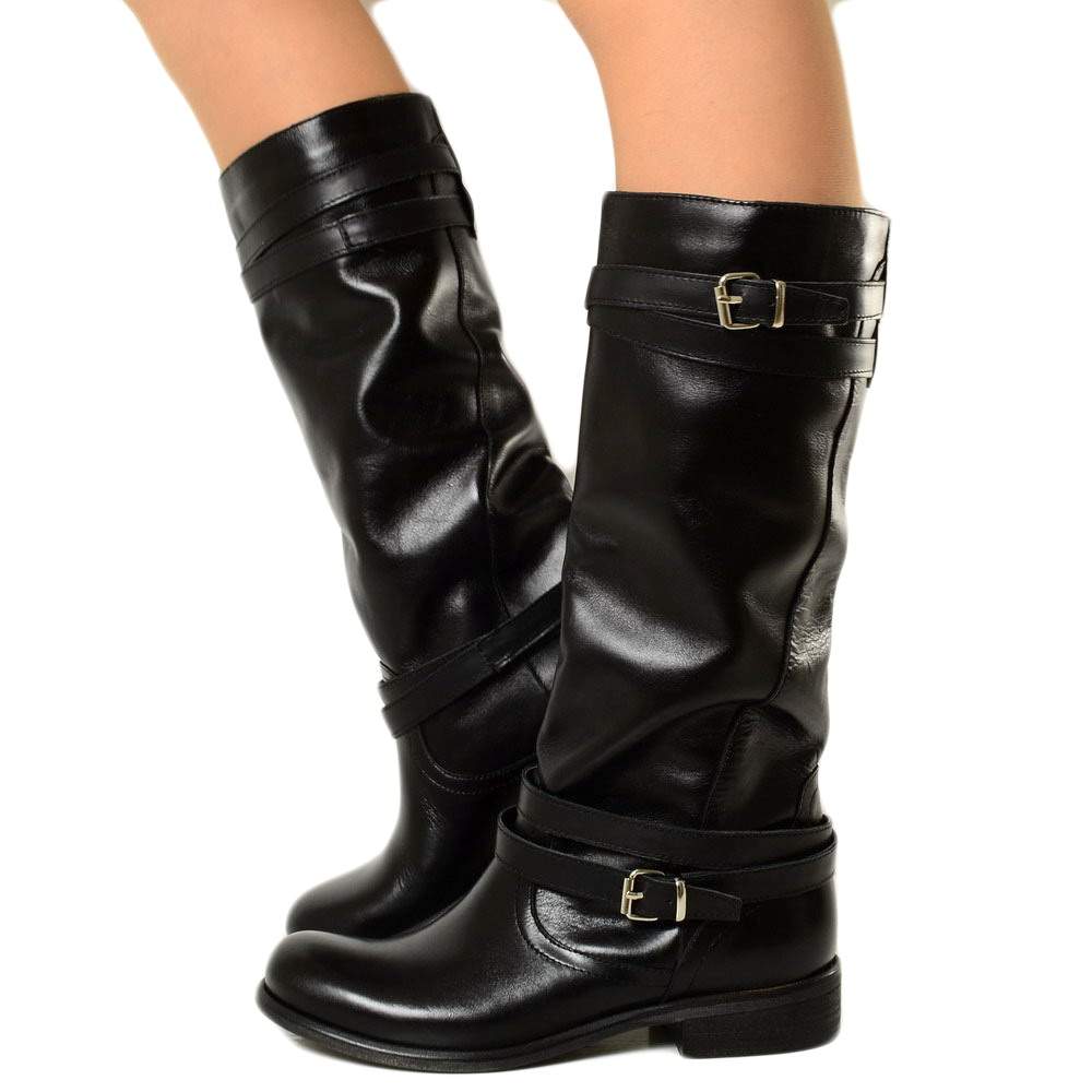 Camperos High Women's Boots with Buckles in Smooth Black Leather