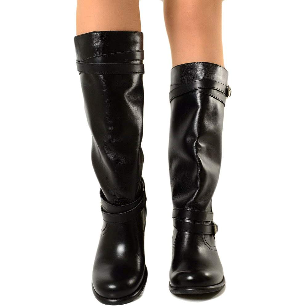 Camperos High Women's Boots with Buckles in Smooth Black Leather - 3