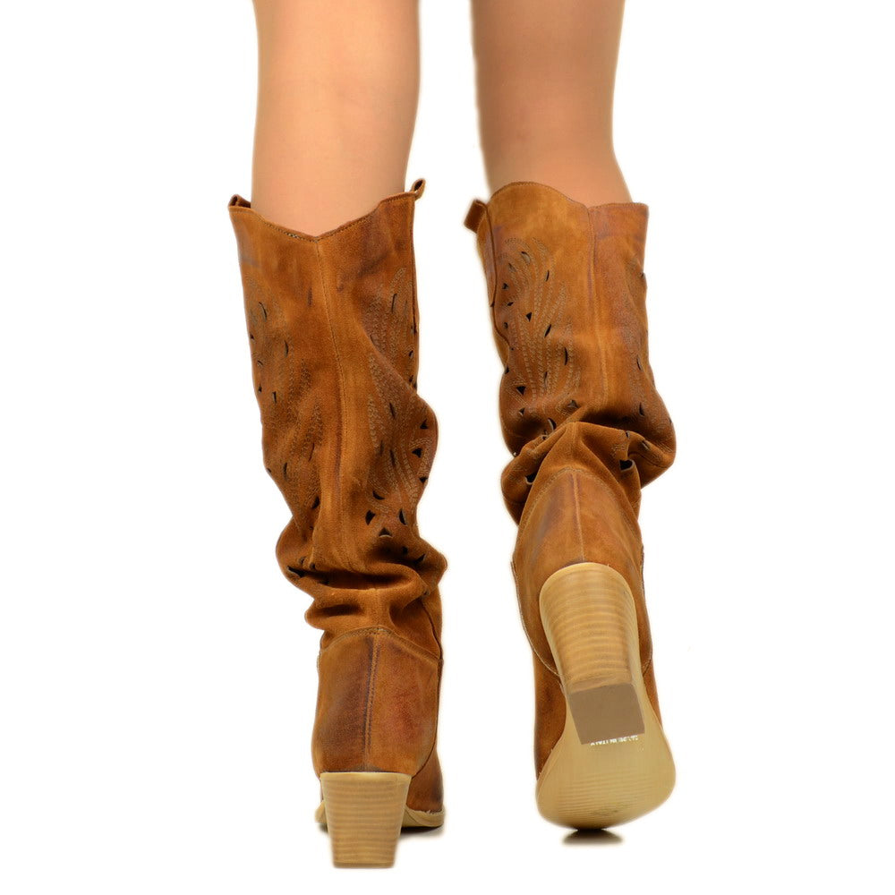 Women's Texan Boots Lasered in Leather Suede with Medium Heel - 5