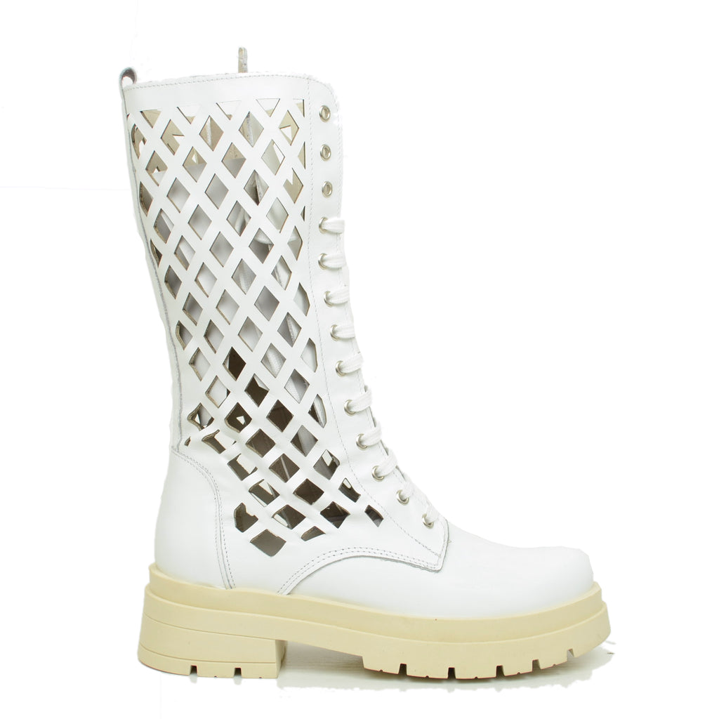 Perforated Women's Biker Boots in White Leather Made in Italy - 2