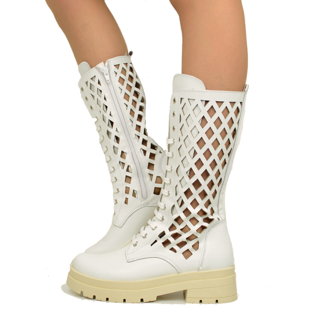 Perforated Women's Biker Boots in White Leather Made in Italy