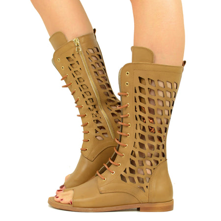 Sandali a Stivaletto Traforati Cuoio con Zip Made in Italy