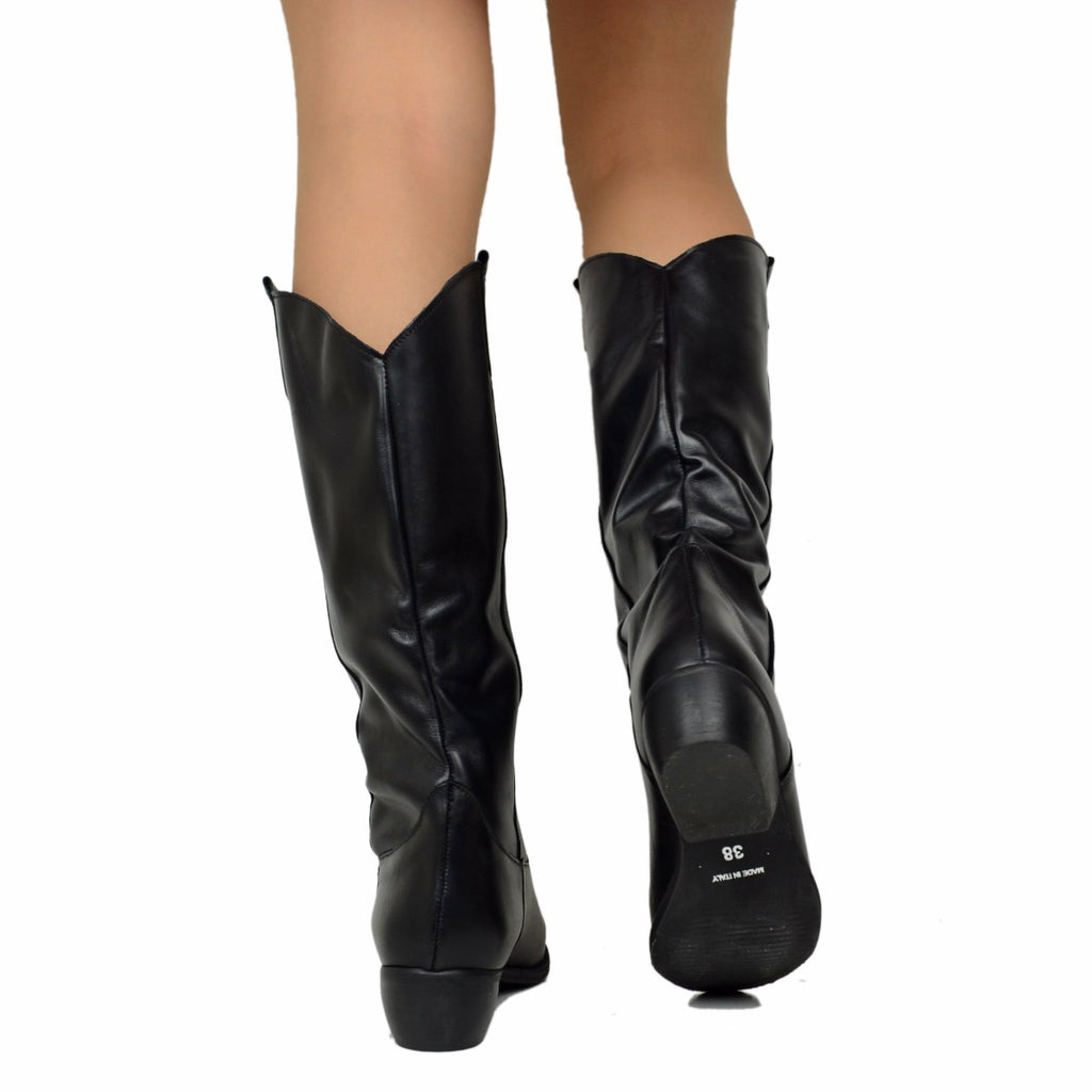 Glatte Texan-Stiefel aus schwarzem Leder mit niedrigem Absatz, hergestellt in Italien - 5
