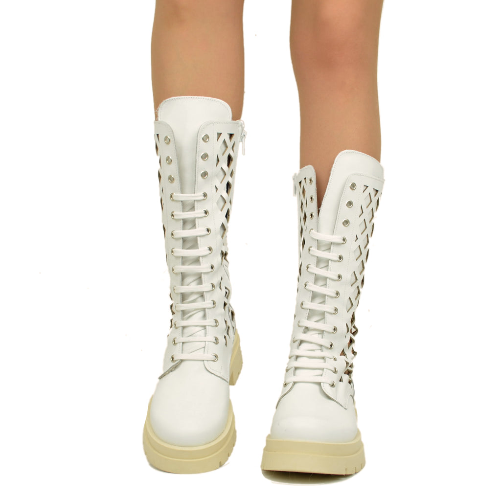 Perforated Women's Biker Boots in White Leather Made in Italy - 3