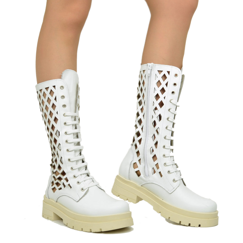 Perforated Women's Biker Boots in White Leather Made in Italy - 4