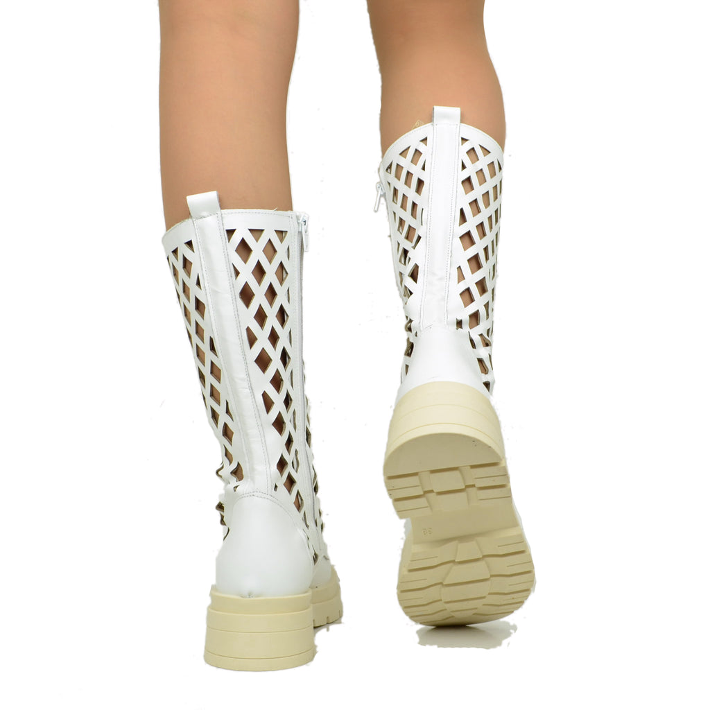 Perforated Women's Biker Boots in White Leather Made in Italy - 5