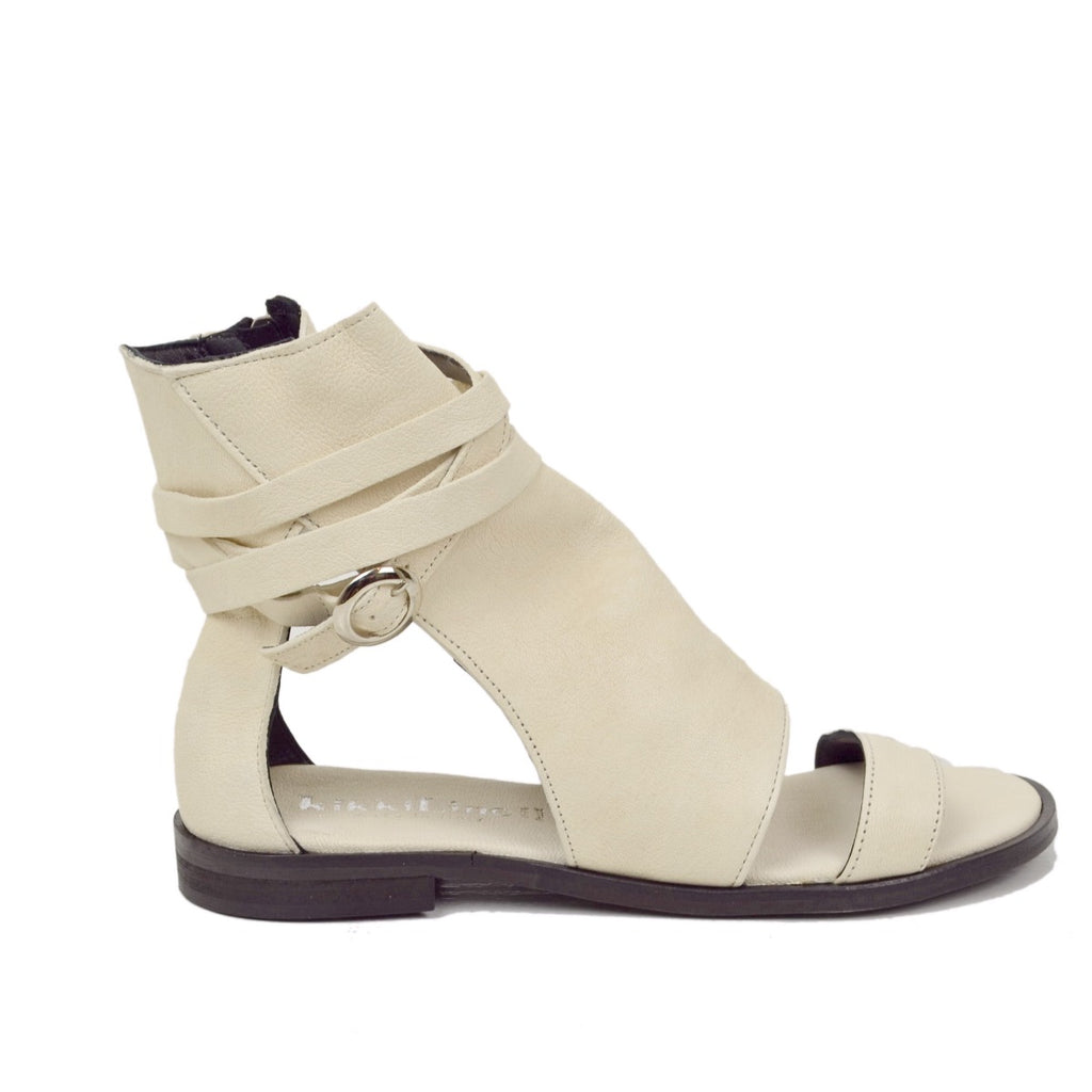 Women's White Leather Sandals with Buckle and Zip - 5