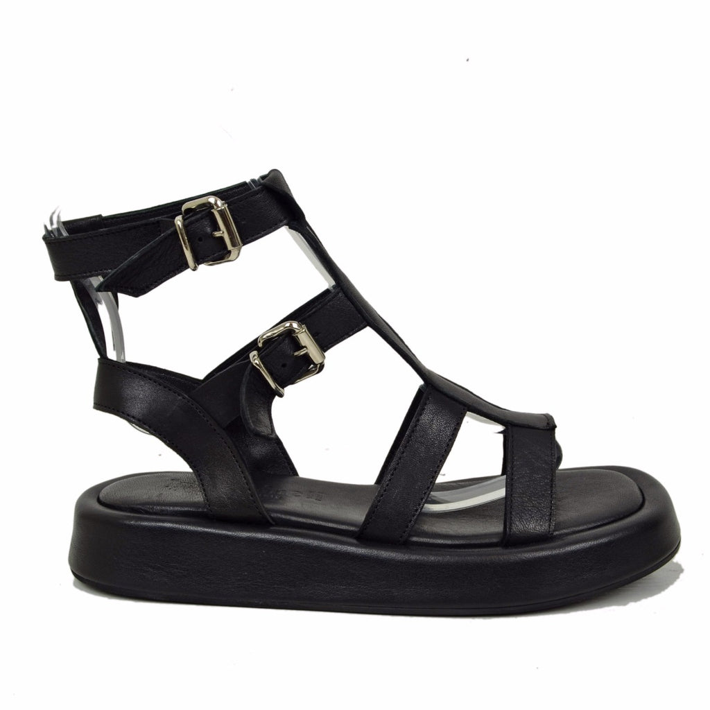 Black Leather Sandals with Adjustable Buckle and Rubber Bottom - 2