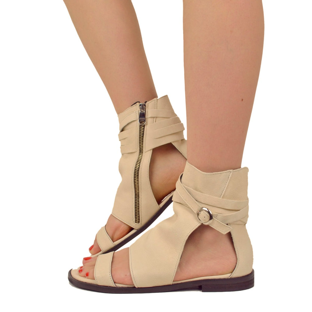Women's White Leather Sandals with Buckle and Zip