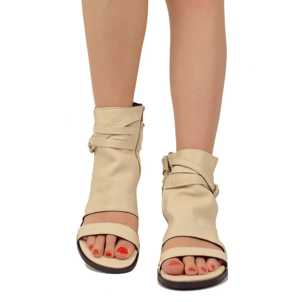 Women's White Leather Sandals with Buckle and Zip - 2
