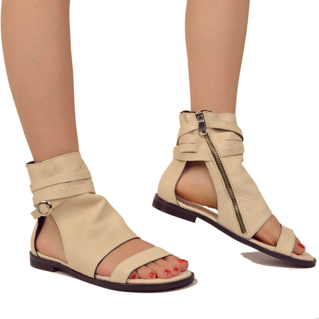 Women's White Leather Sandals with Buckle and Zip - 3
