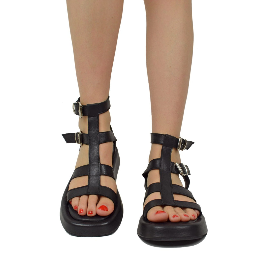 Black Leather Sandals with Adjustable Buckle and Rubber Bottom - 3