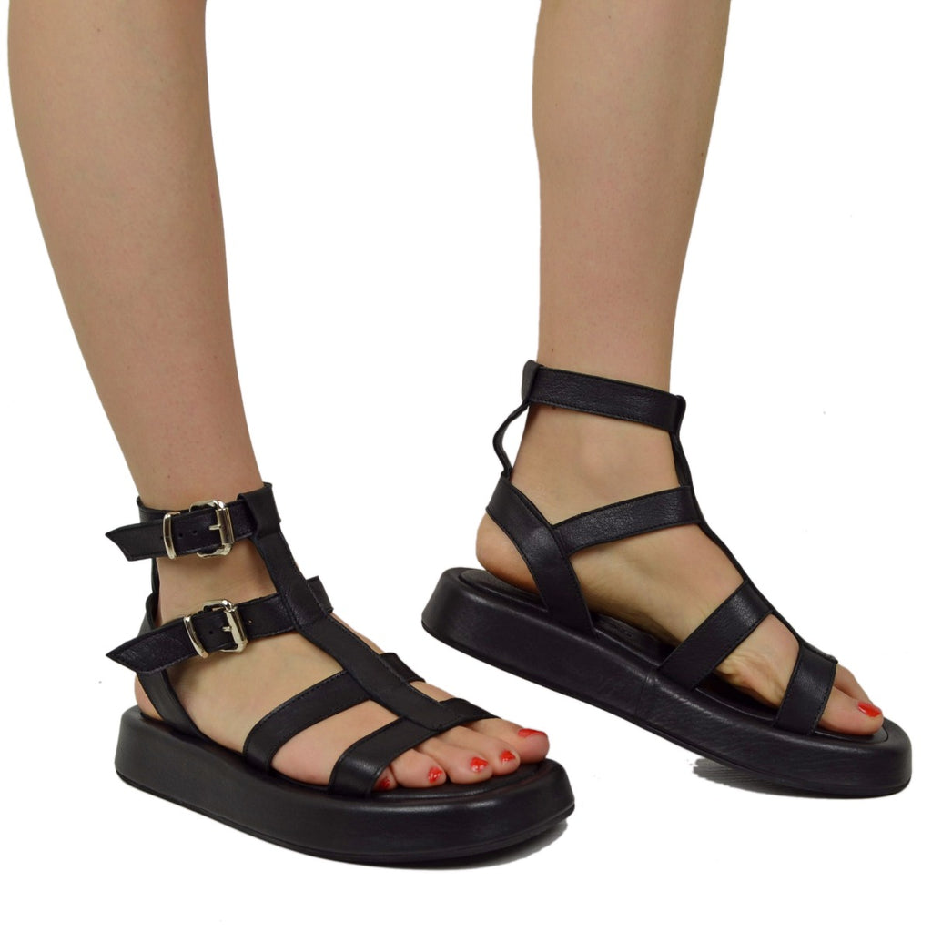 Black Leather Sandals with Adjustable Buckle and Rubber Bottom - 4