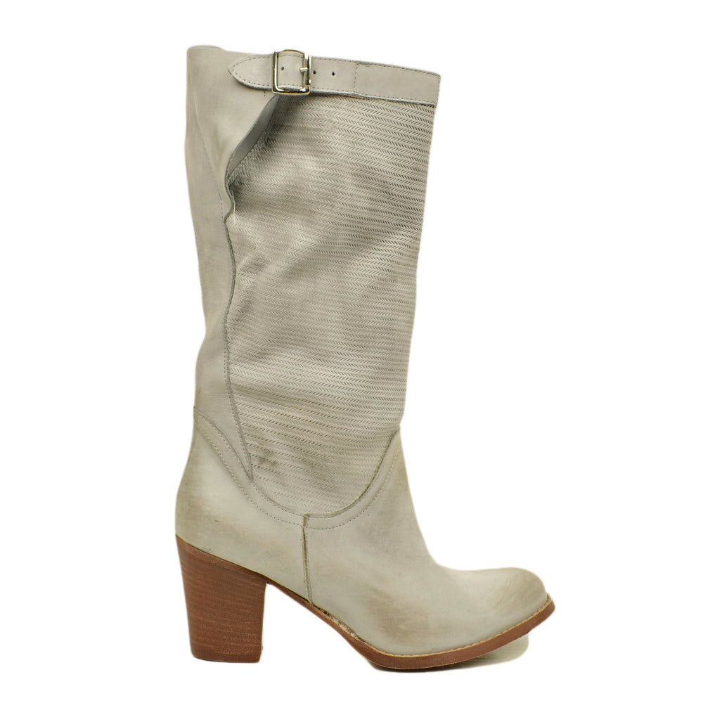Women's Perla Boots with Medium Heel in Textured Nubuck Leather - 2