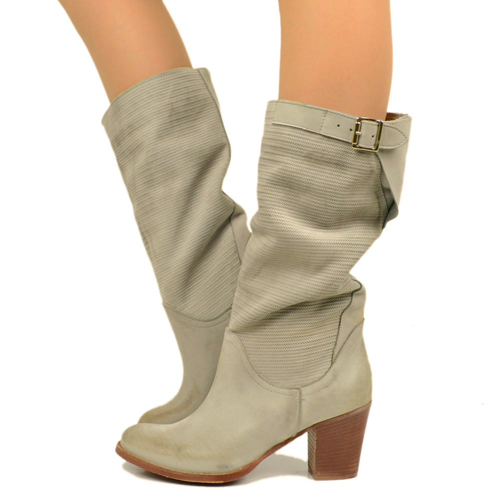 Women's Perla Boots with Medium Heel in Textured Nubuck Leather