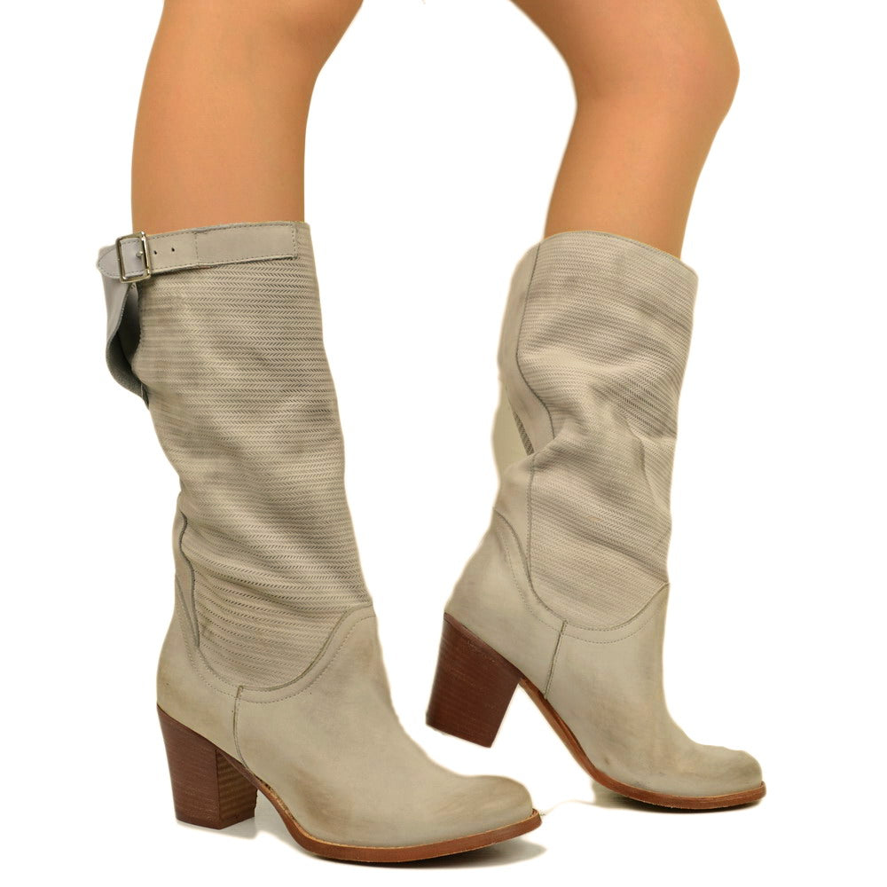 Women's Perla Boots with Medium Heel in Textured Nubuck Leather - 4