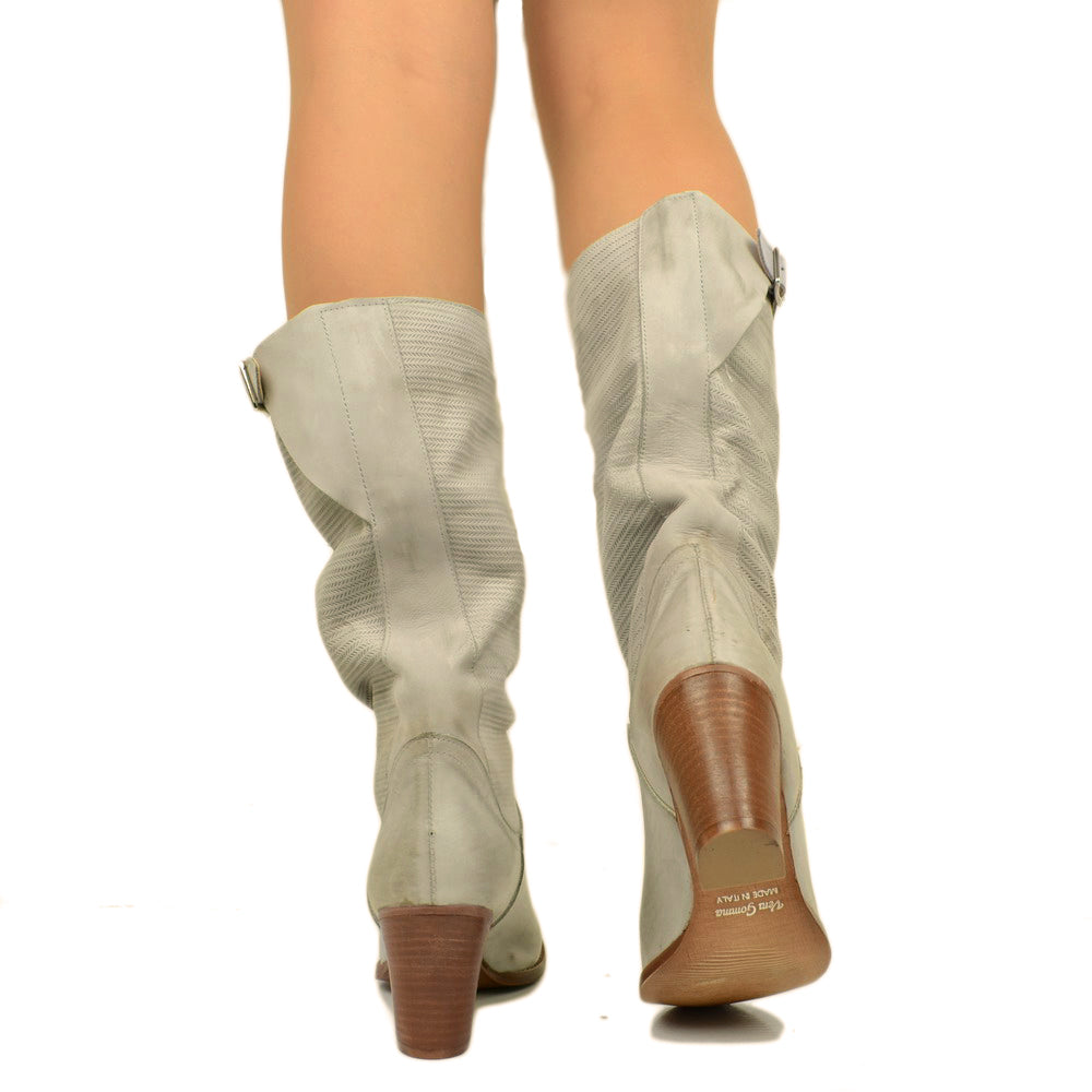 Women's Perla Boots with Medium Heel in Textured Nubuck Leather - 5