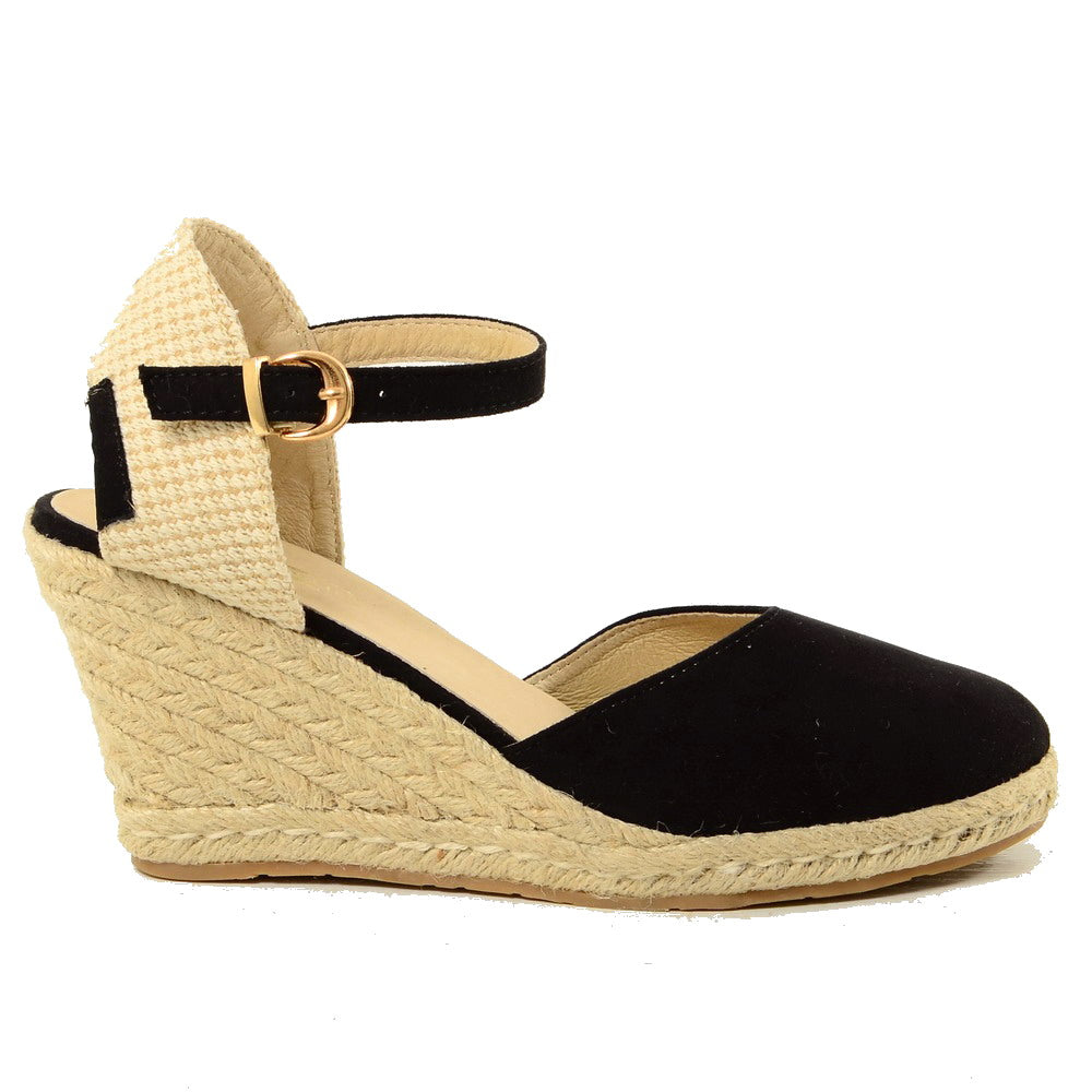 Espadrillas Campesine Neri con Zeppa in Corda Similpelle Camoscio - 4