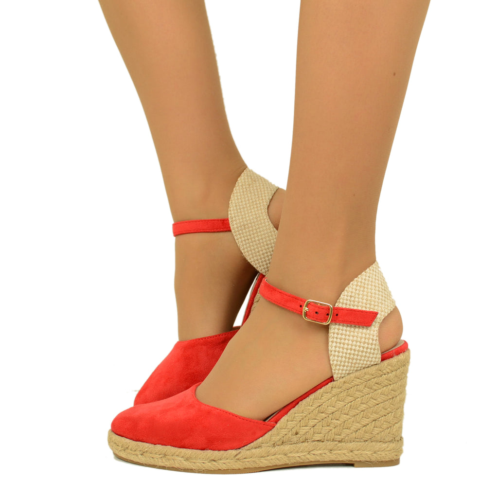 Red Campesine Espadrilles in Faux Suede with Wedge