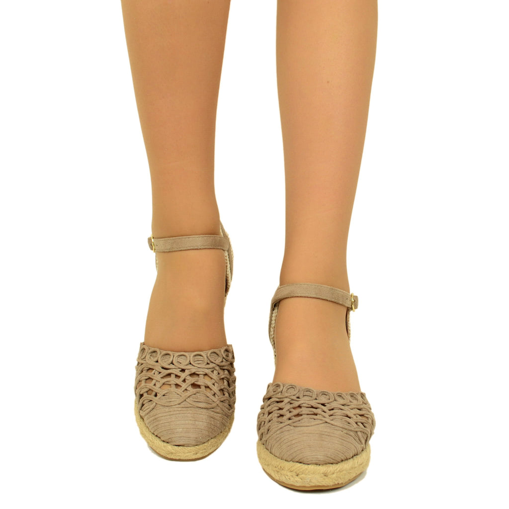 Espadrillas Campesine Taupe Traforate con Zeppa in Corda - 2