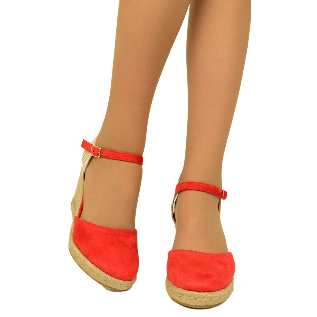 Espadrillas Campesine Rosse in Similpelle Scamosciata con Zeppa - 4