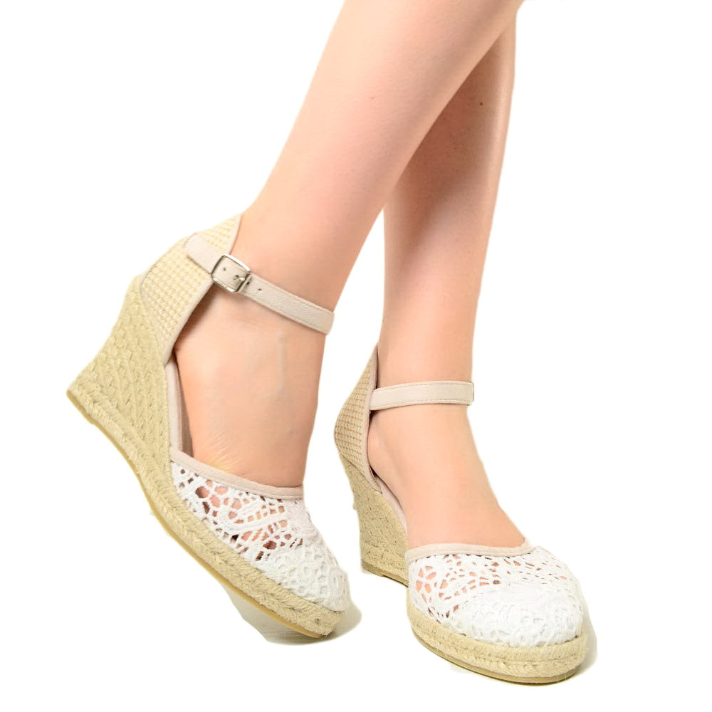 White Campesine Espadrilles with Lace Rope Wedge - 3