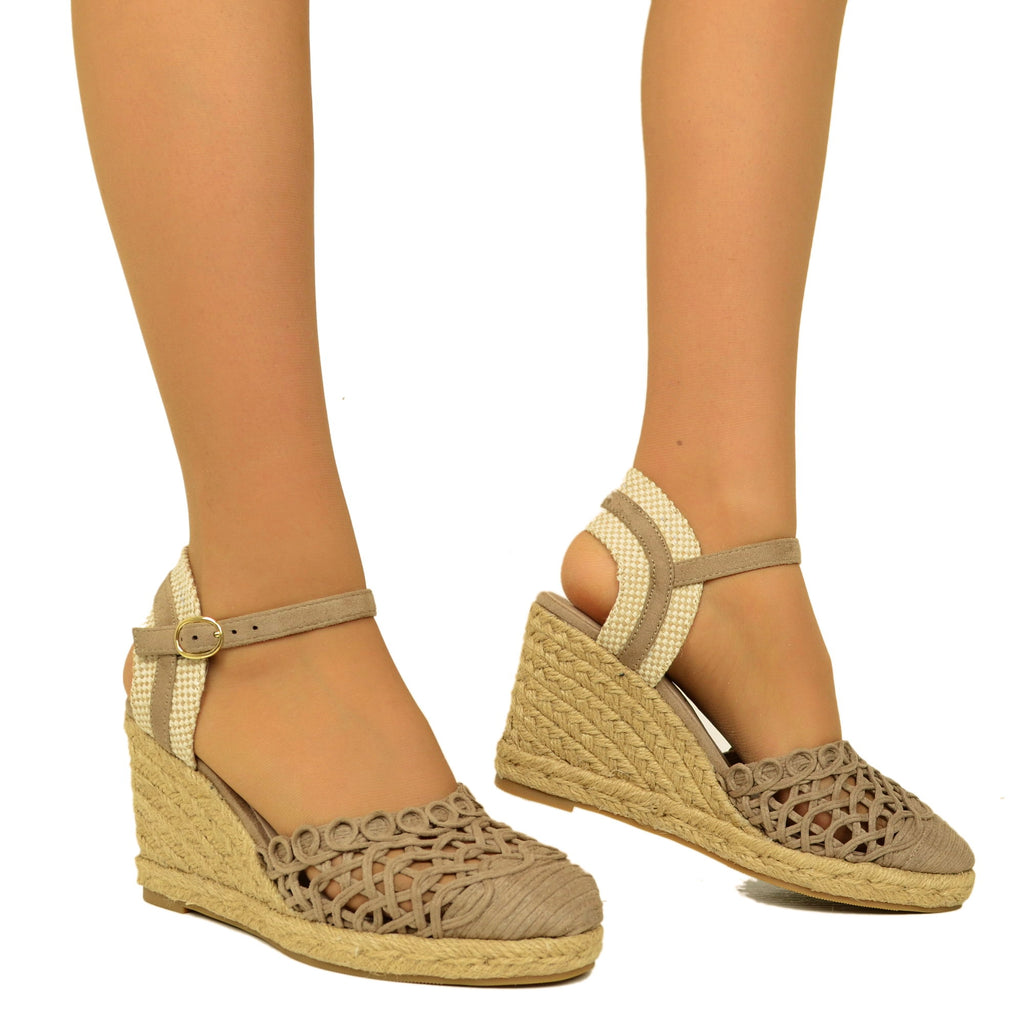 Espadrillas Campesine Taupe Traforate con Zeppa in Corda - 4