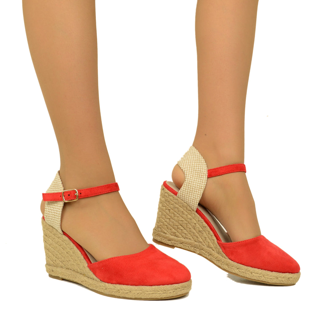 Espadrillas Campesine Rosse in Similpelle Scamosciata con Zeppa - 3