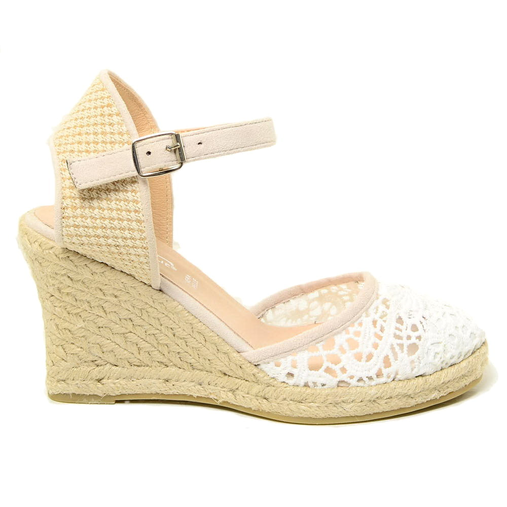 White Campesine Espadrilles with Lace Rope Wedge - 4