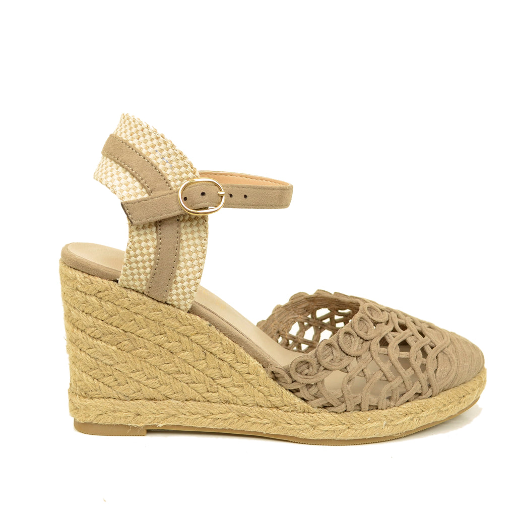 Espadrillas Campesine Taupe Traforate con Zeppa in Corda - 3