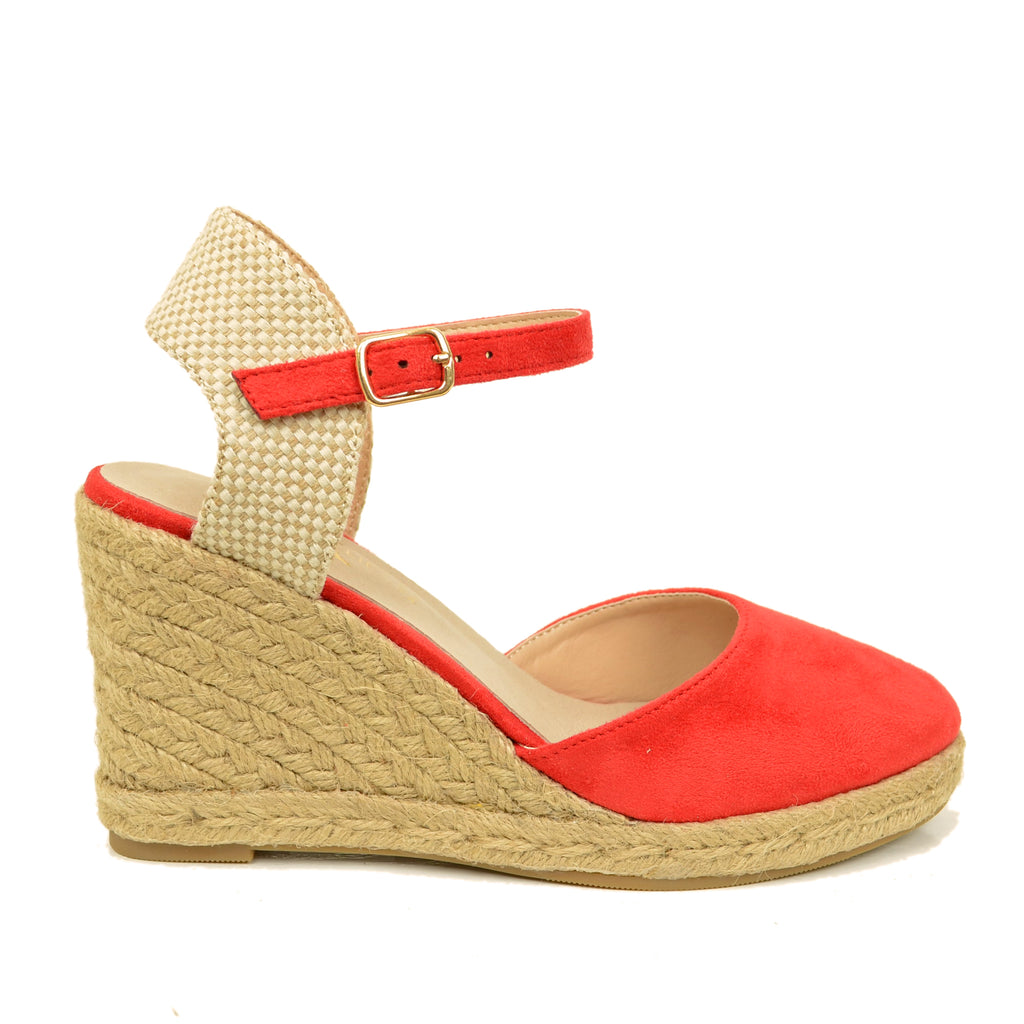 Espadrillas Campesine Rosse in Similpelle Scamosciata con Zeppa - 2