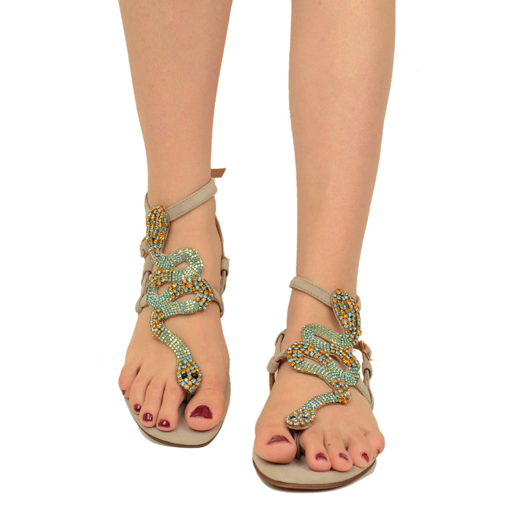 Sandali Infradito a Serpente con Strass Beige - 3