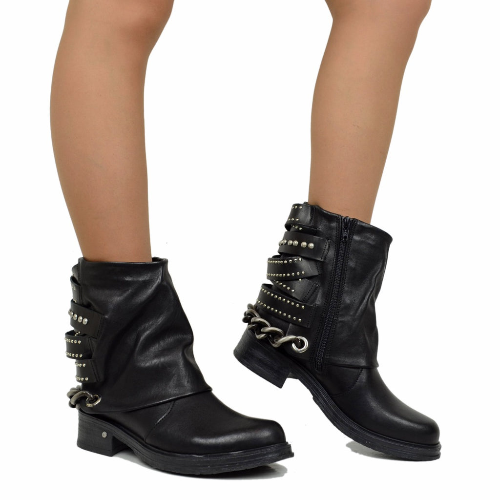 Women's Black Leather Ankle Boots with Chain and Studs Made in Italy - 4