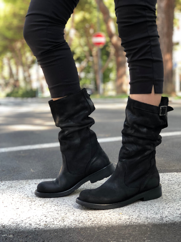 Stivali Biker Boots a Metà Polpaccio in Pelle Vintage Neri - 5