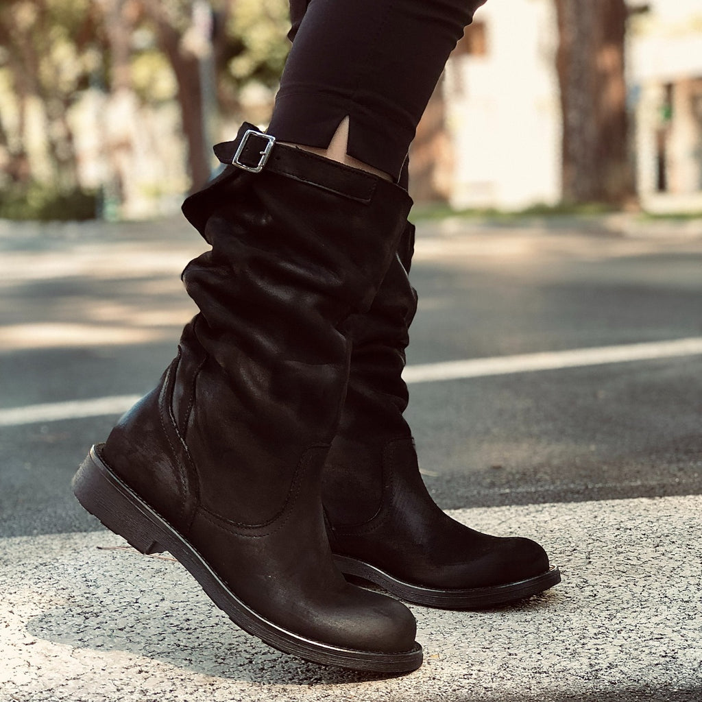 Stivali Biker Boots a Metà Polpaccio in Pelle Vintage Neri - 6