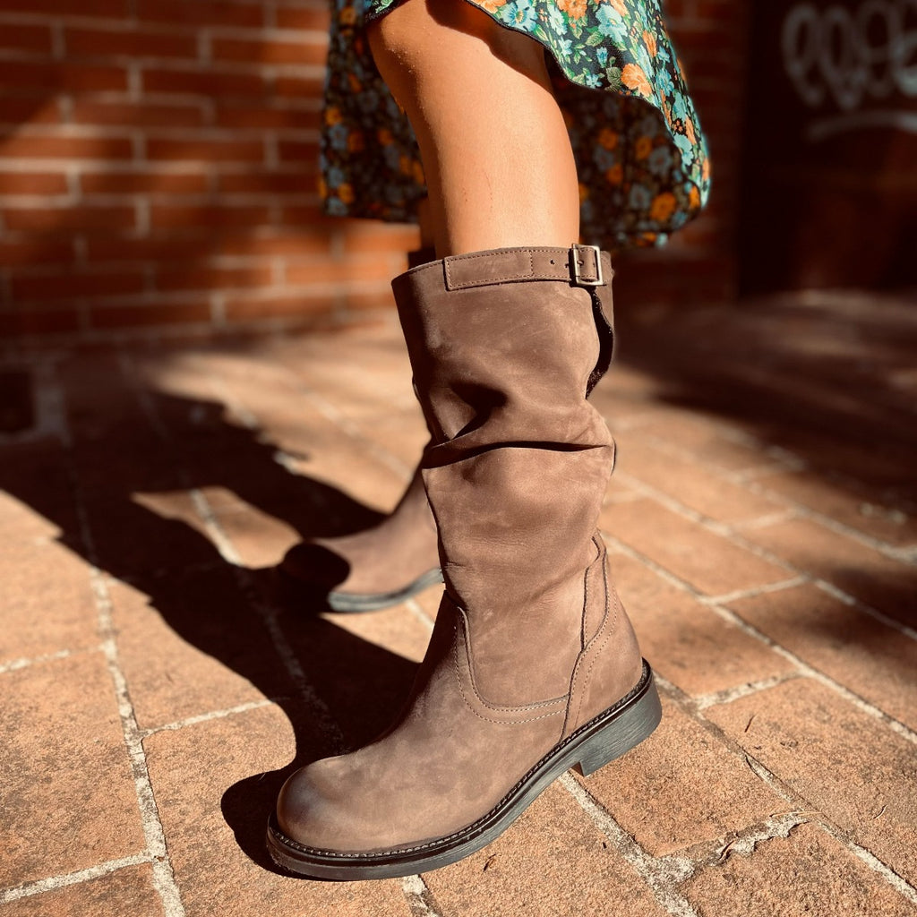 Mid Calf Biker Boots in Brown Vintage Leather - 6