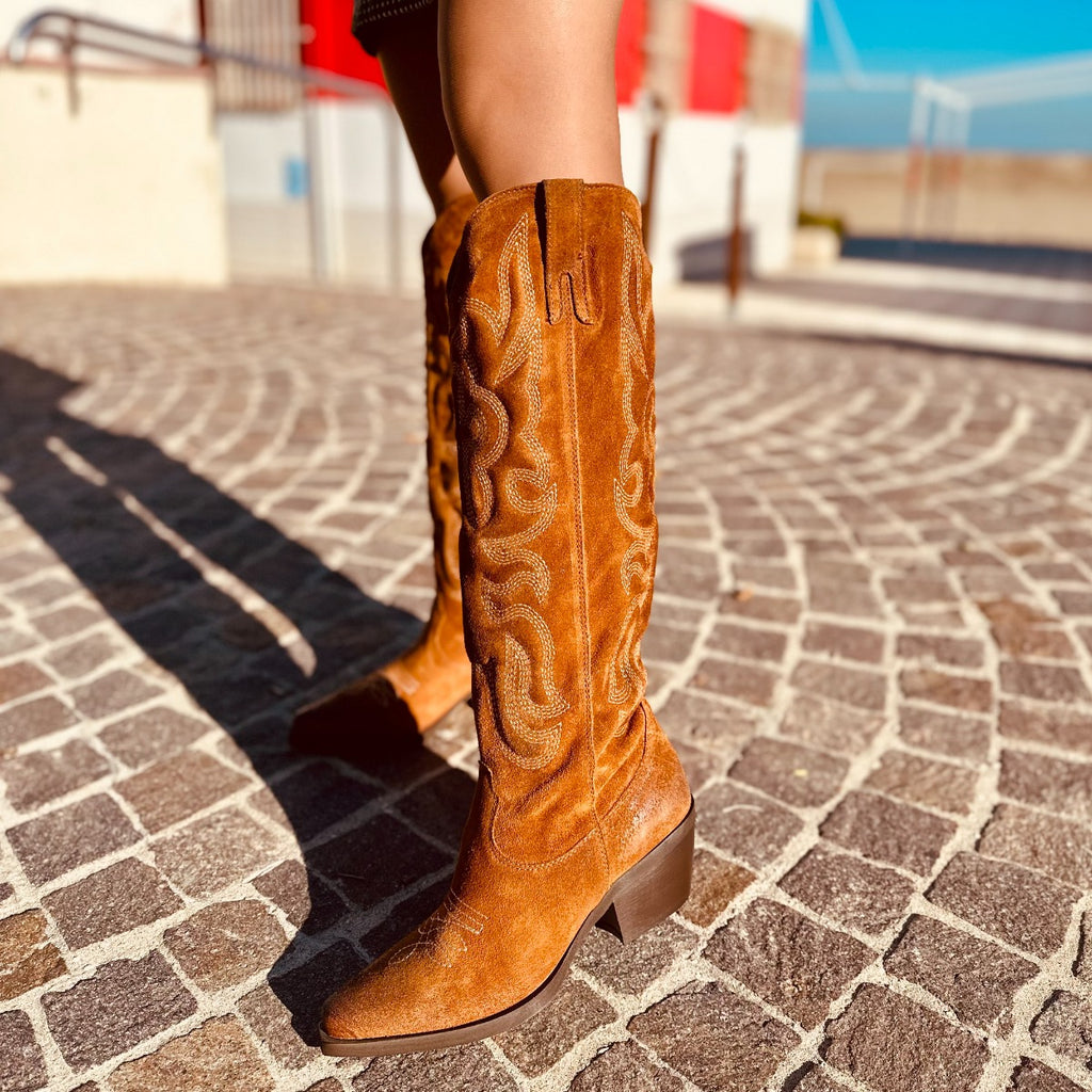 Women's Texan Boots Embroidered in Suede Leather with Zip - 6
