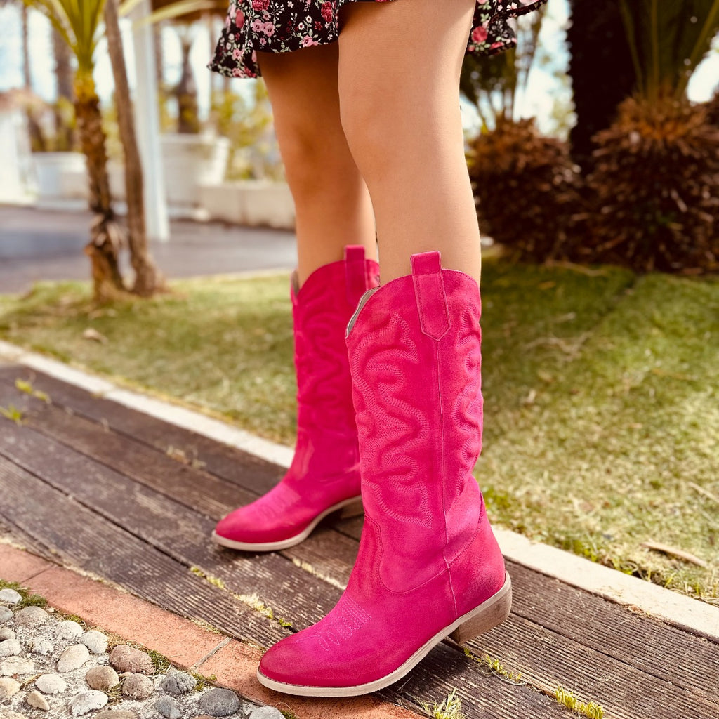 Women's Texan Boots in Fuchsia Suede Leather Made in Italy - 6