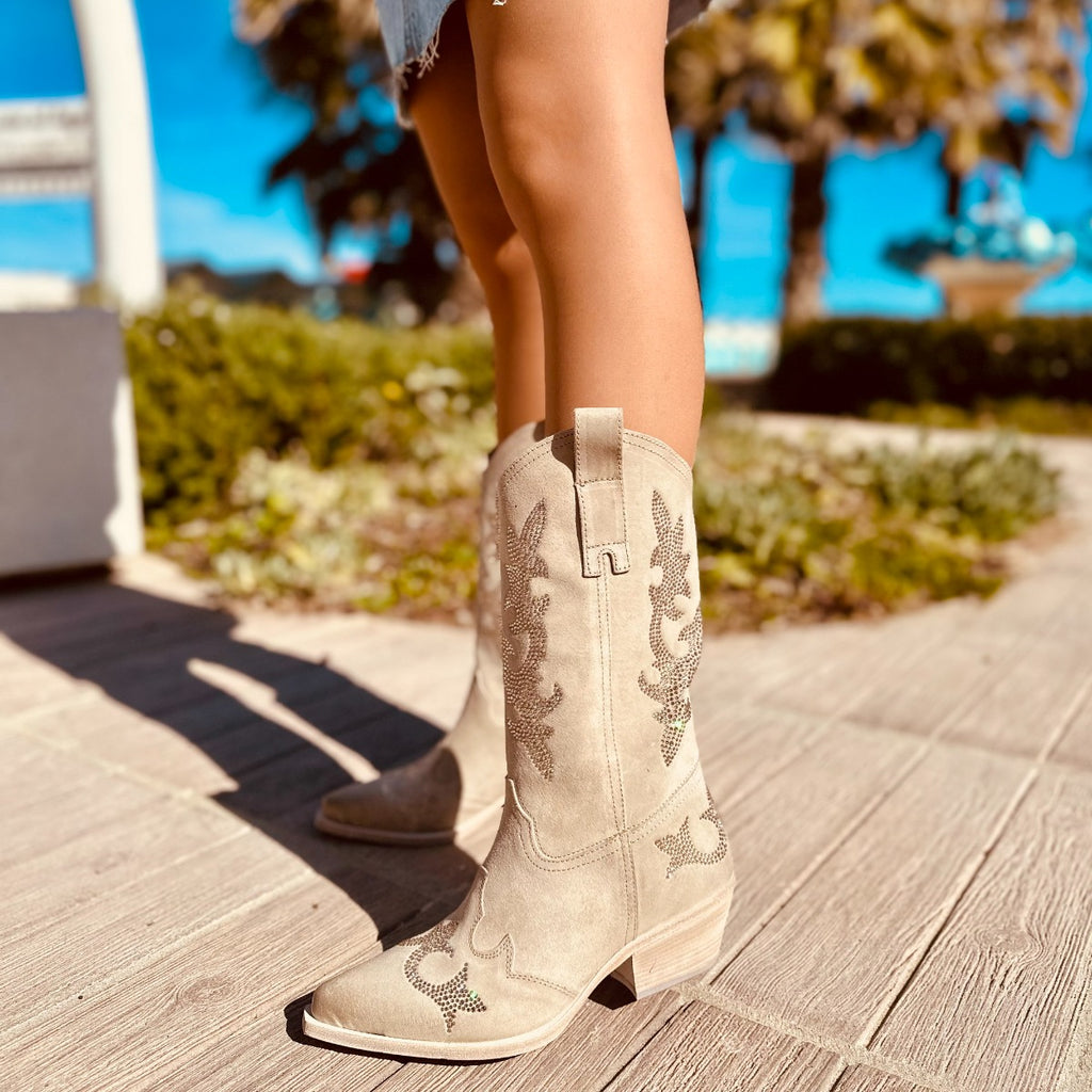 Elegant Cowboy Boots with Rhinestones in Beige Suede Leather - 7