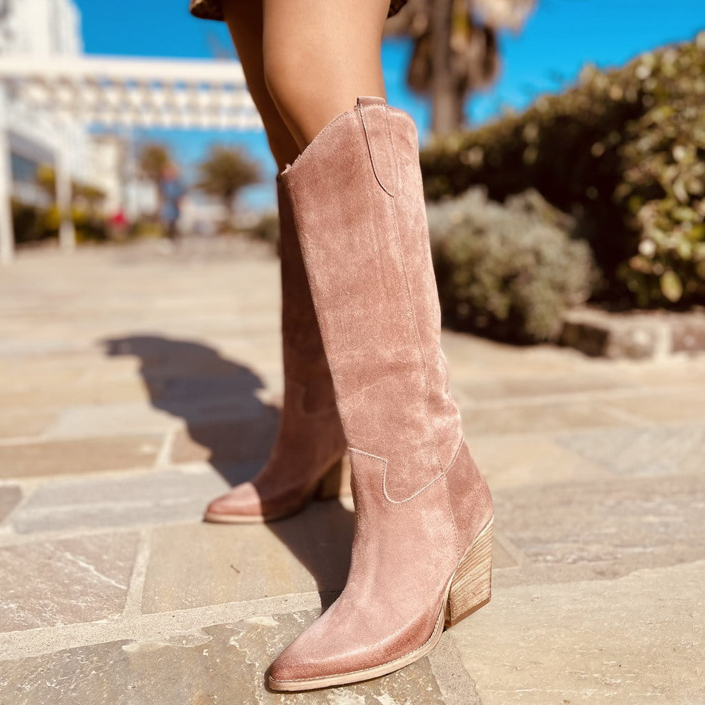 Women's Tall Texan Boots in Powder Pink Suede Leather Made in Italy - 6