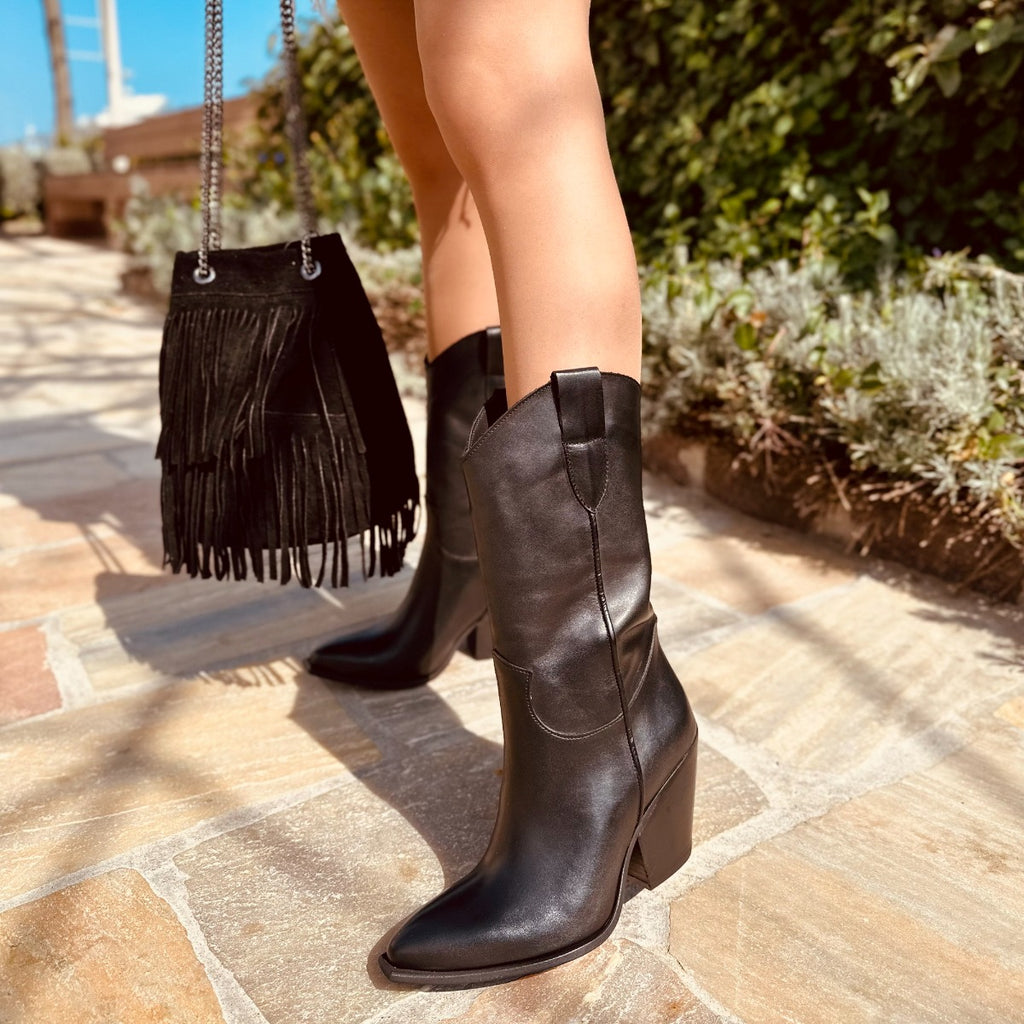 Black Leather Texan Boots with High Heel Made in Italy - 6