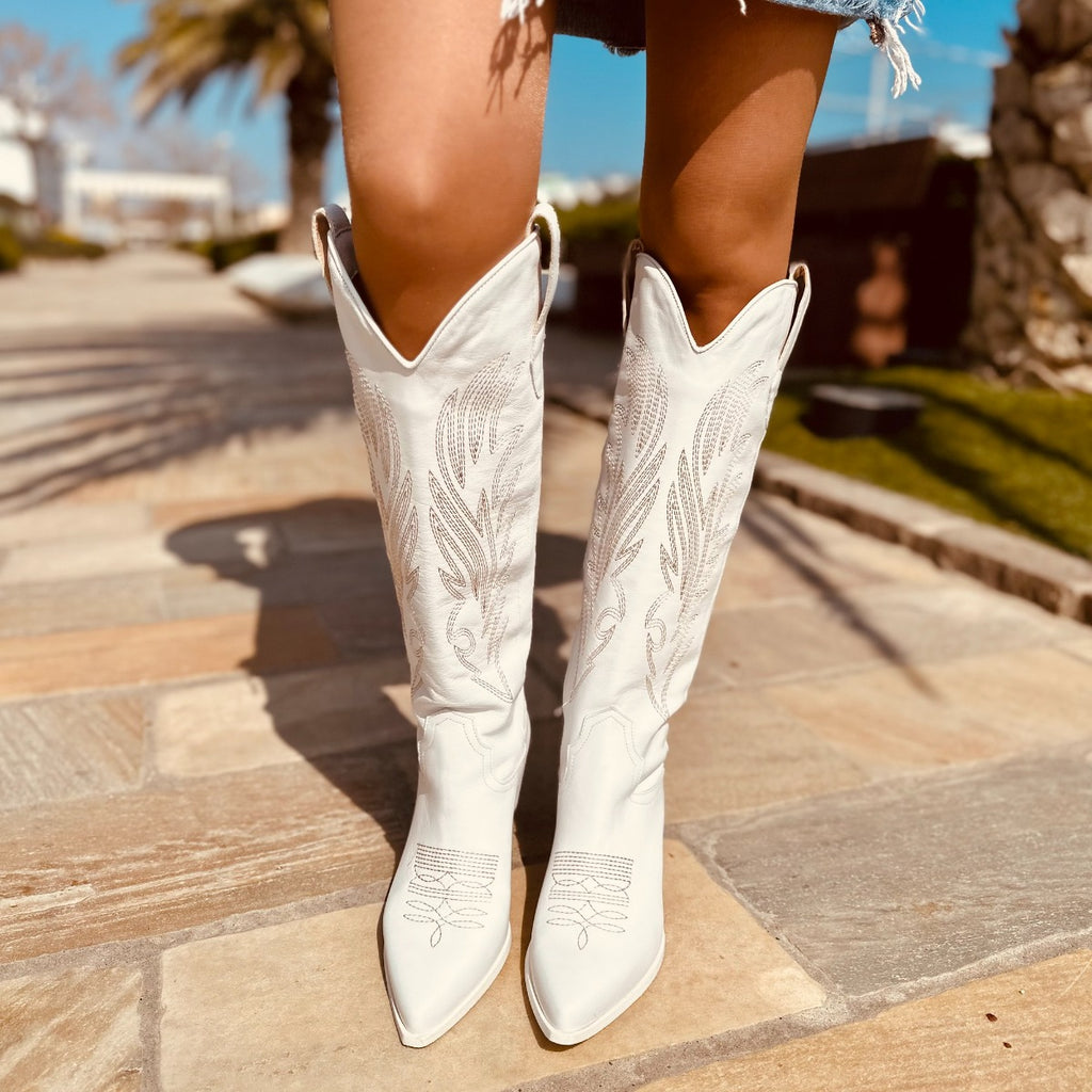 White Leather Texan Boots with Stitching Made in Italy - 6