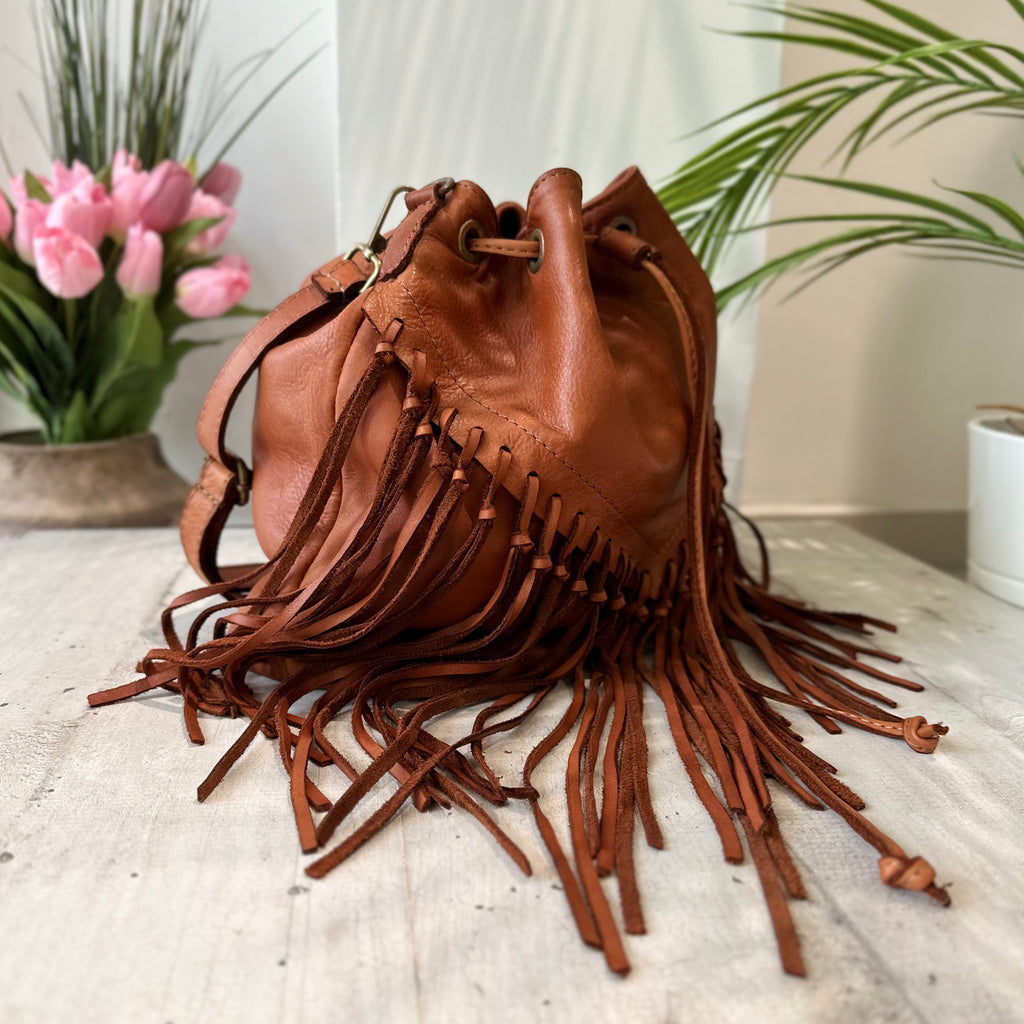 Borsa a Secchiello con Frange Cuoio in Pelle Nabuk Vintage - 2