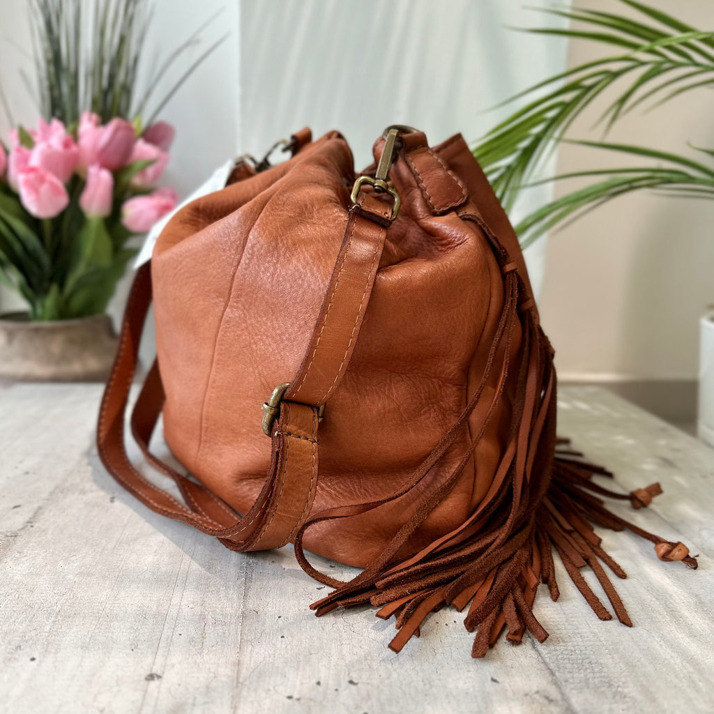 Borsa a Secchiello con Frange Cuoio in Pelle Nabuk Vintage - 3