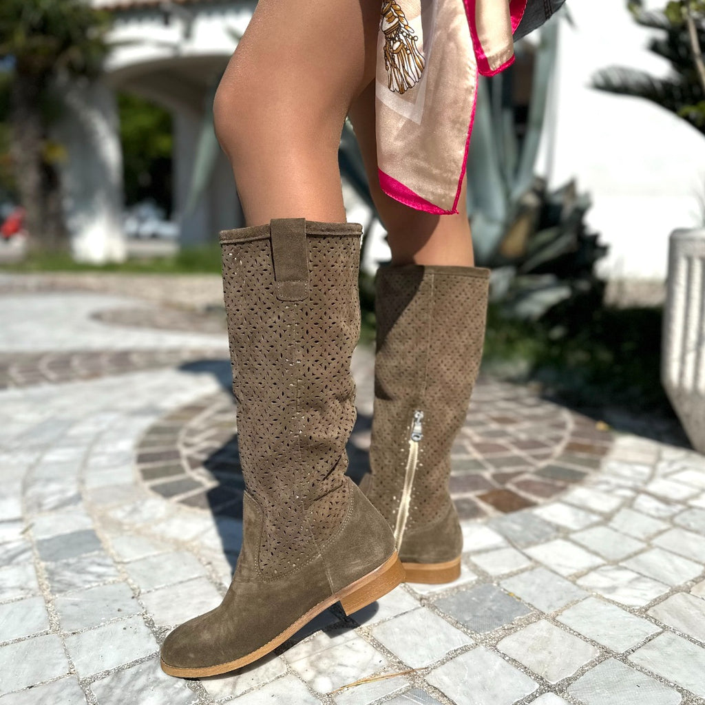 Women's Summer Boots in Taupe Perforated Suede Leather - 6