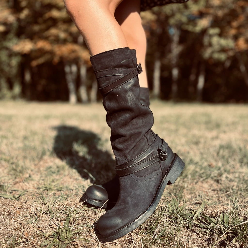 Hohe Camperos-Stiefel für Damen aus schwarzem Vintage-Leder mit Farbverlauf - 7