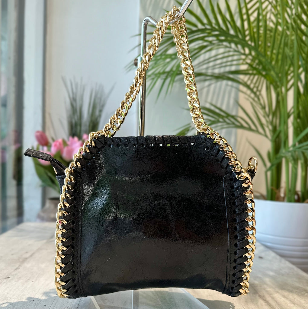 Borsa con Catena Dorata in Pelle Metallizzata Nera